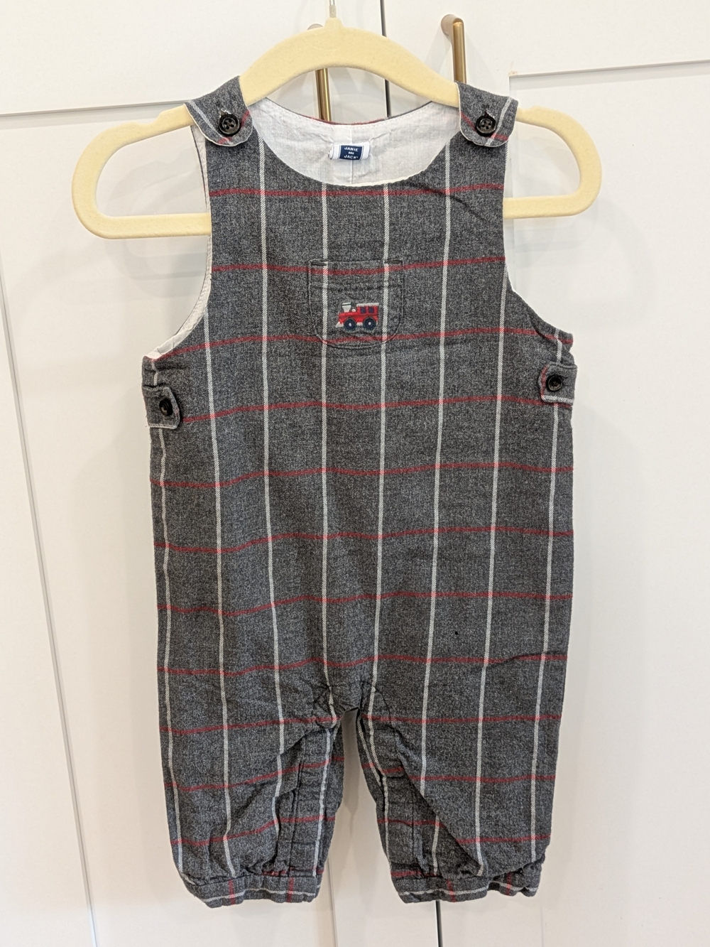 Janie and Jack Gray Plaid Romper with Red Firetruck Embroidery
